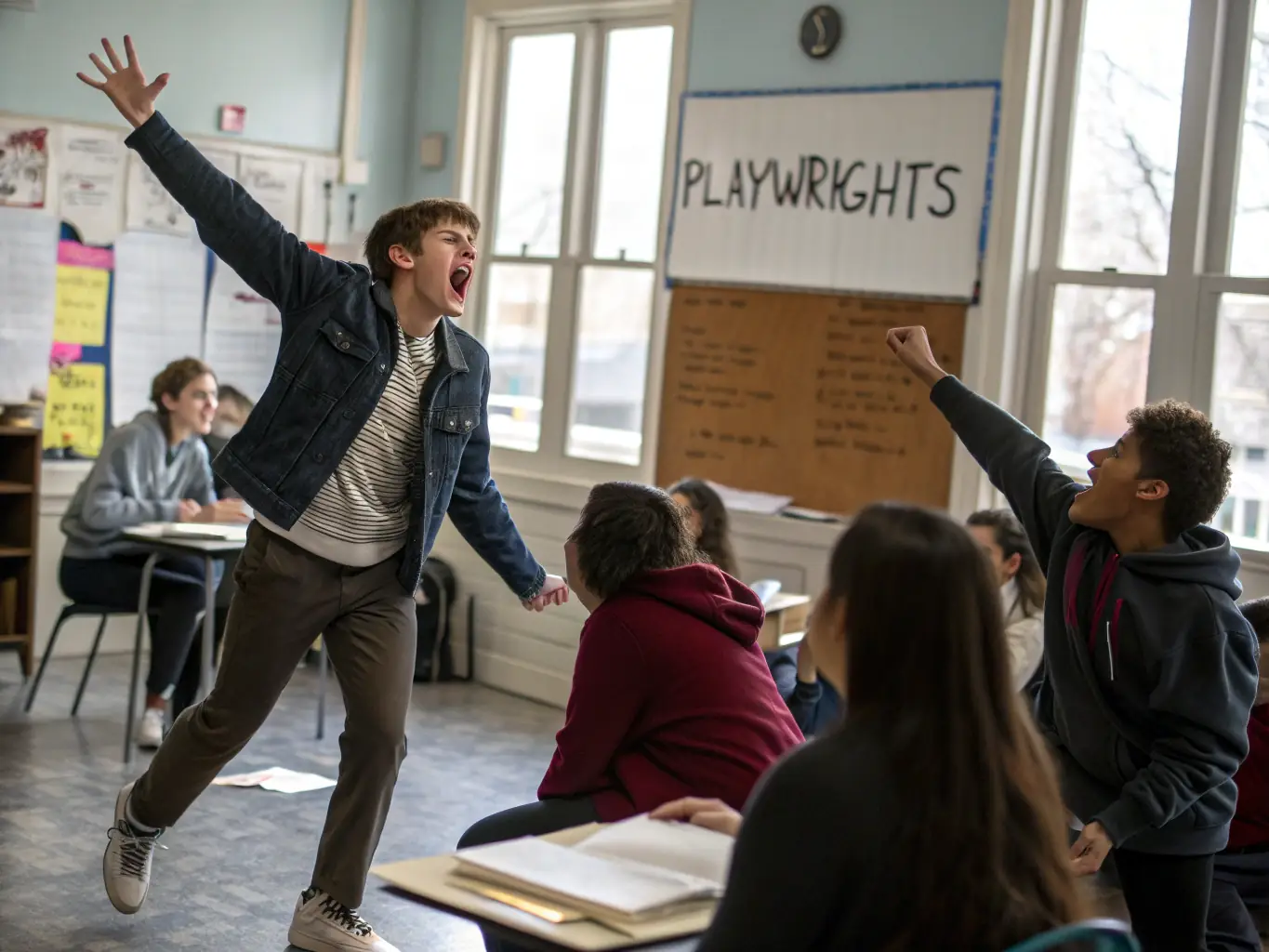 A dynamic image of an acting class in session, with students actively participating in a scene, showcasing the energy and engagement of the course.