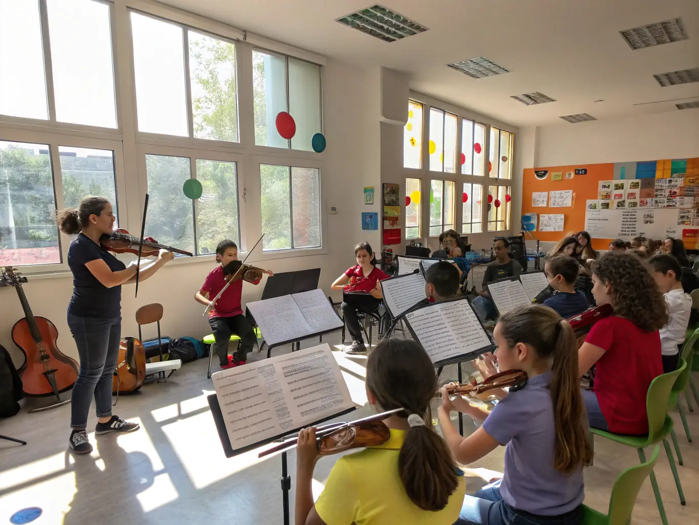 An inspiring image of a music class, with students learning to play various instruments, emphasizing the creativity and passion of the music course.