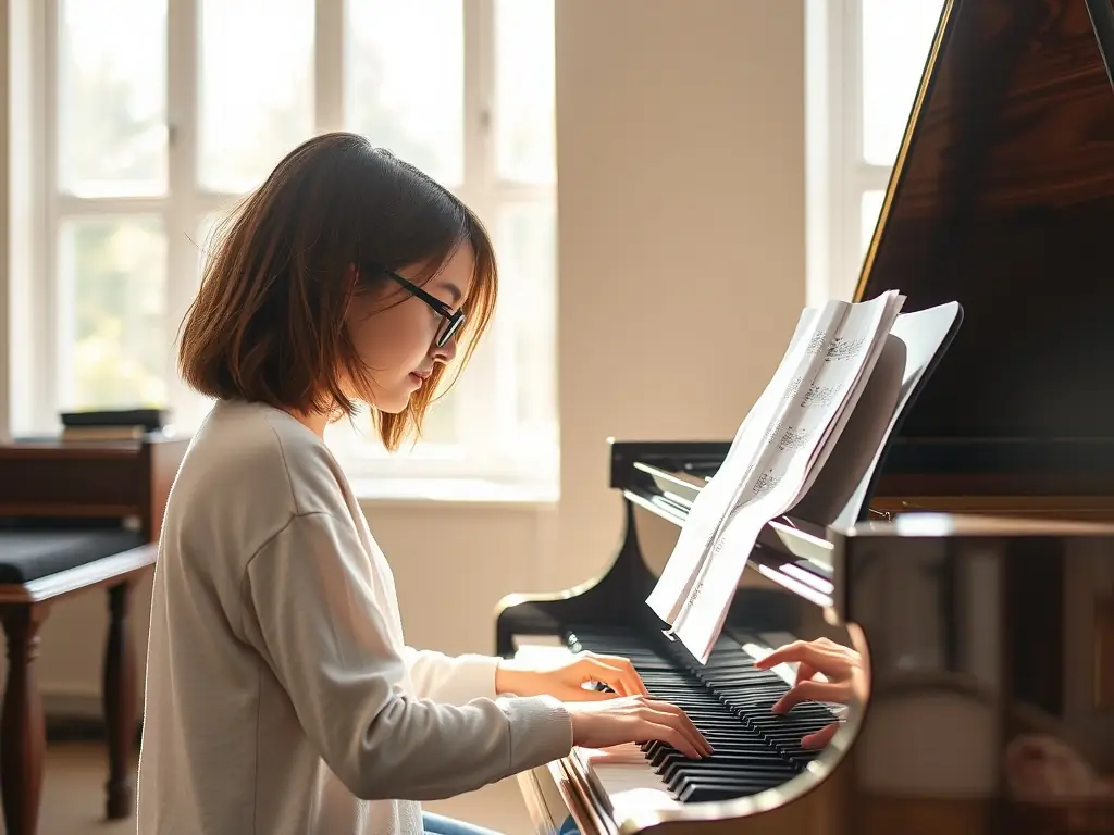 A focused image of a student playing a grand piano during a music composition class, highlighting the creative process, musical notation, and the use of technology in music production.
