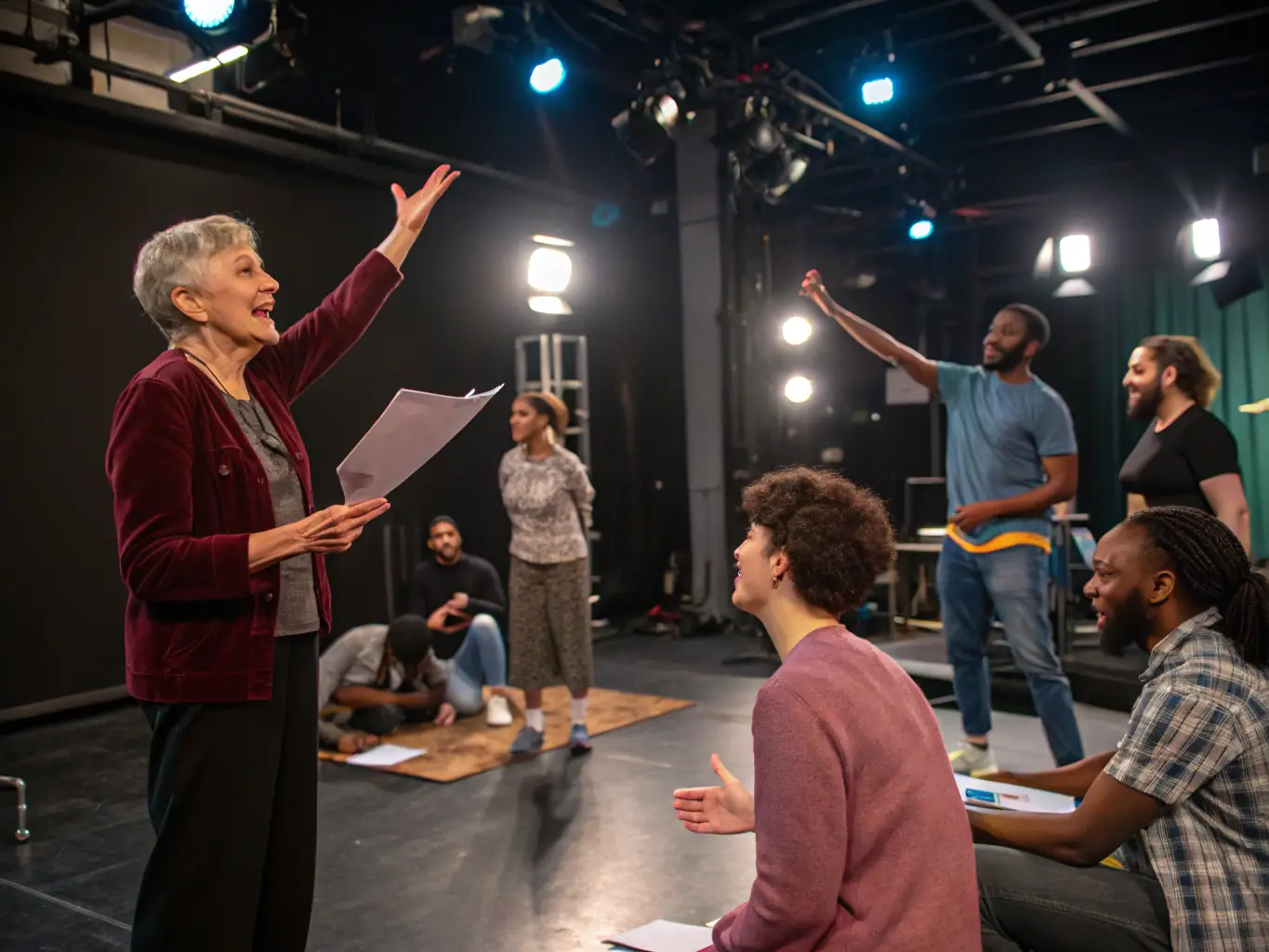 A diverse group of students actively participating in an on-stage acting exercise, guided by an instructor in a well-lit studio at The Performers Workshop.
