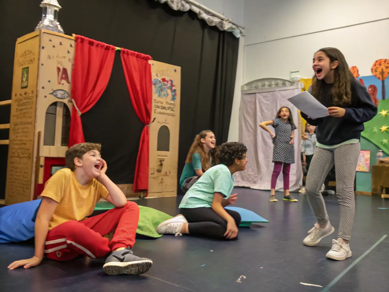 A vibrant image of students actively participating in an acting class, showcasing improvisation exercises and scene work, set in a modern studio with stage lighting.