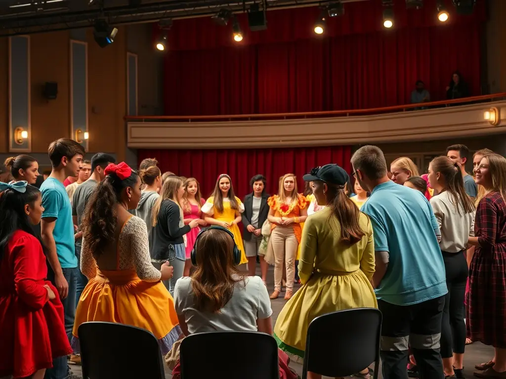 A dynamic image of students rehearsing a scene from a classic play, showcasing their costumes and the stage setting at The Performers Workshop.